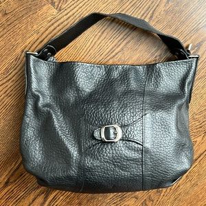 Black Italian leather shoulder bag with zipper top.